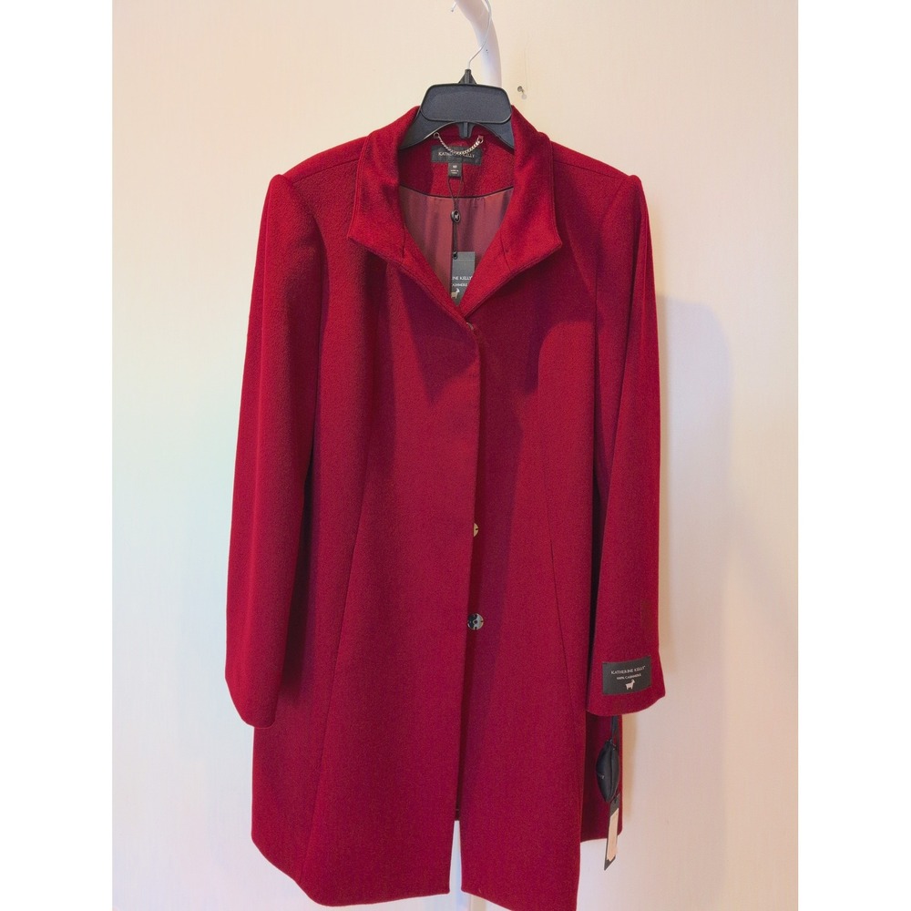 Katherine Kelly 100% Cashmere Coat Brick‎ Red Funnel Neck Snap Front Size 10 NEW